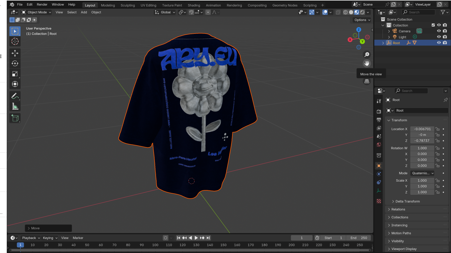 Capture d'écran d'un t-shirt 3D dans le logiciel Blender